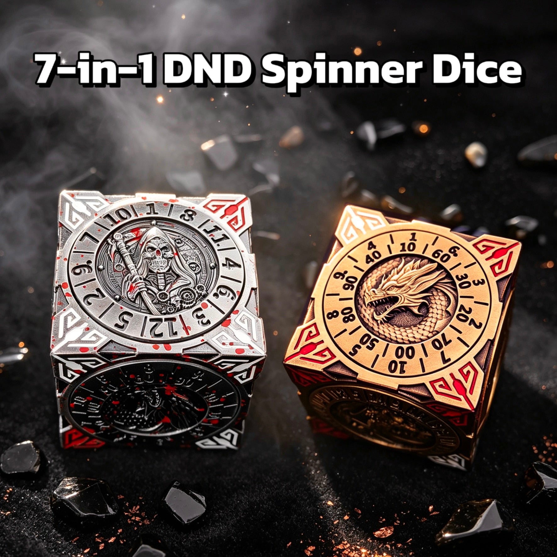 7 In 1 Spinner Dice DND Metal Fidget Cube D&D Dice Set with 3D Relief Dungeon Design – Cool Polyhedral RPG Dice, Fantasy Tabletop Gaming Accessory, Desk Setup, Gamer Gadget Accessory & Collections