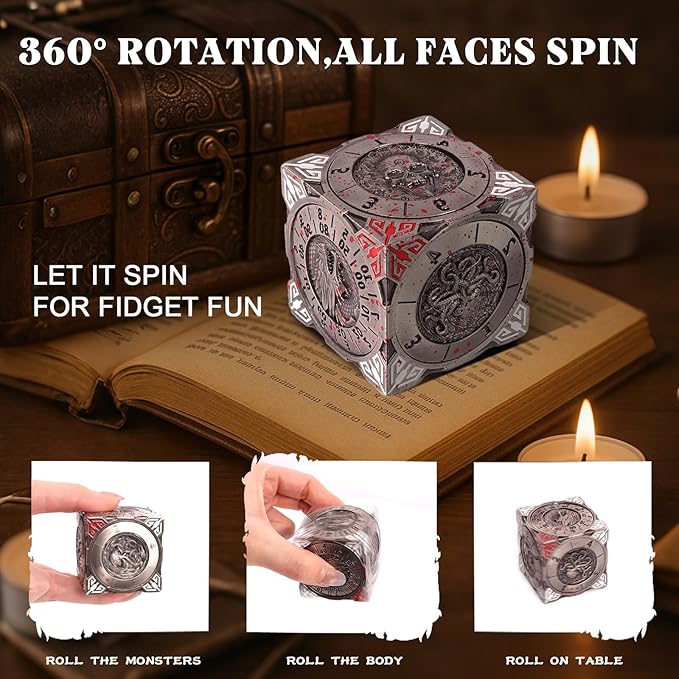 7 In 1 Spinner Dice DND Metal Fidget Cube D&D Dice Set with 3D Relief Dungeon Design – Cool Polyhedral RPG Dice, Fantasy Tabletop Gaming Accessory, Desk Setup, Gamer Gadget Accessory & Collections