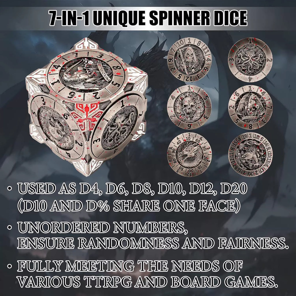 7 In 1 Spinner Dice DND Metal Fidget Cube D&D Dice Set with 3D Relief Dungeon Design – Cool Polyhedral RPG Dice, Fantasy Tabletop Gaming Accessory, Desk Setup, Gamer Gadget Accessory & Collections